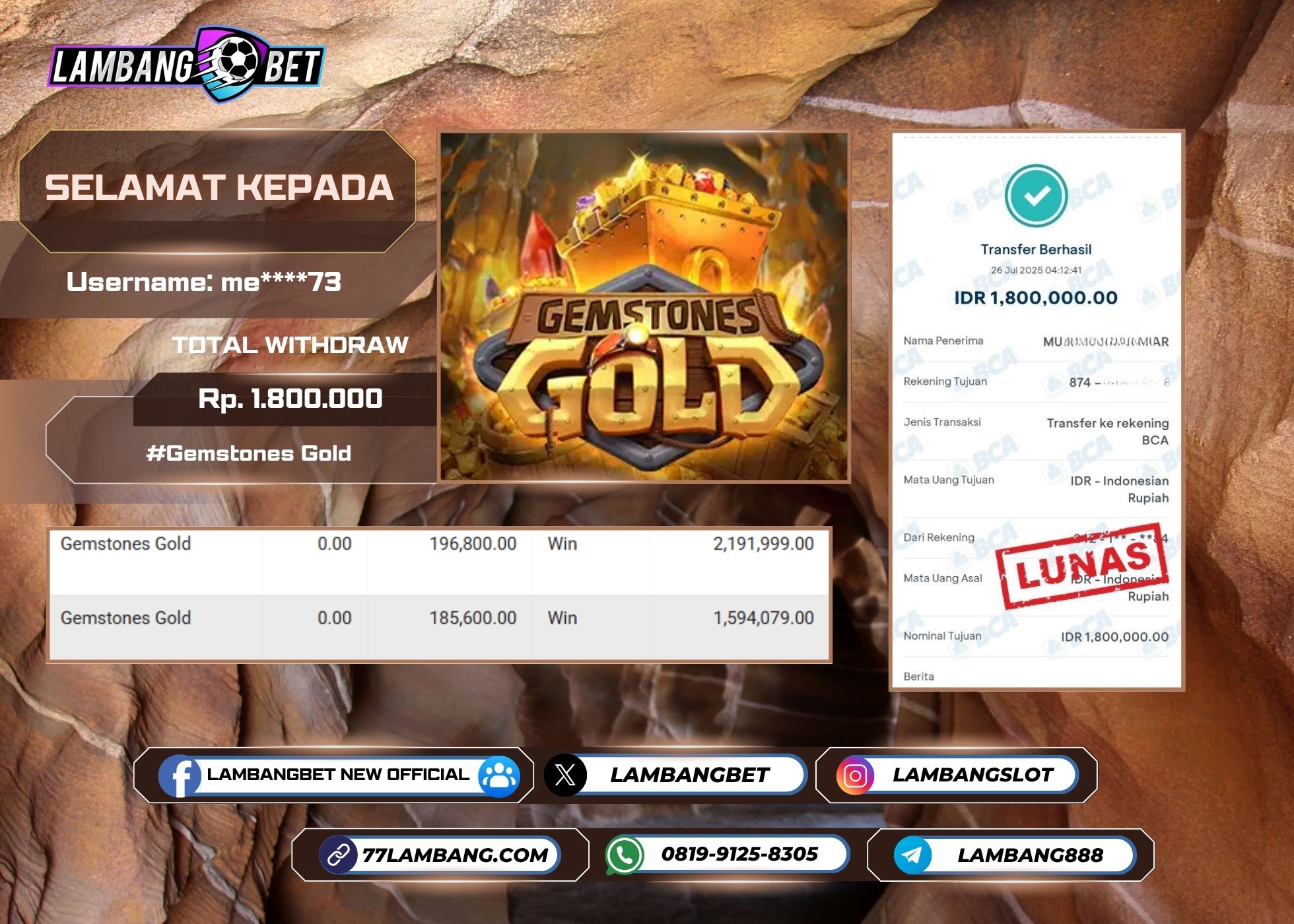 LAMBANGBET [26 JULY 2025] JACKPOT SLOT Gemstones Gold "Rp1.800.000" LUNAS